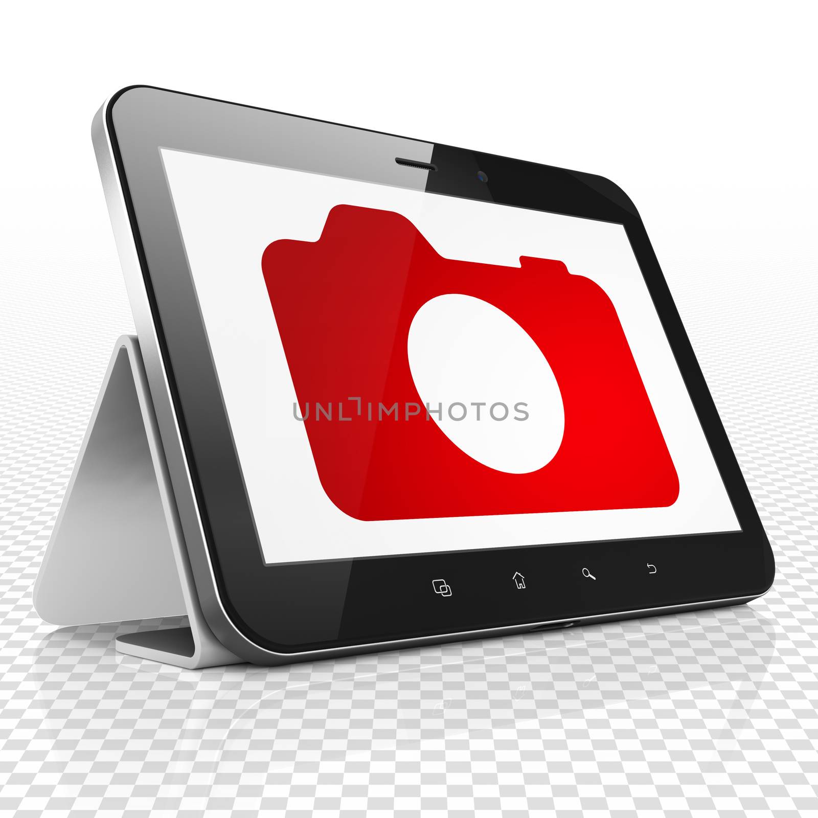 Vacation concept: Tablet Computer with red Photo Camera icon on display, 3D rendering