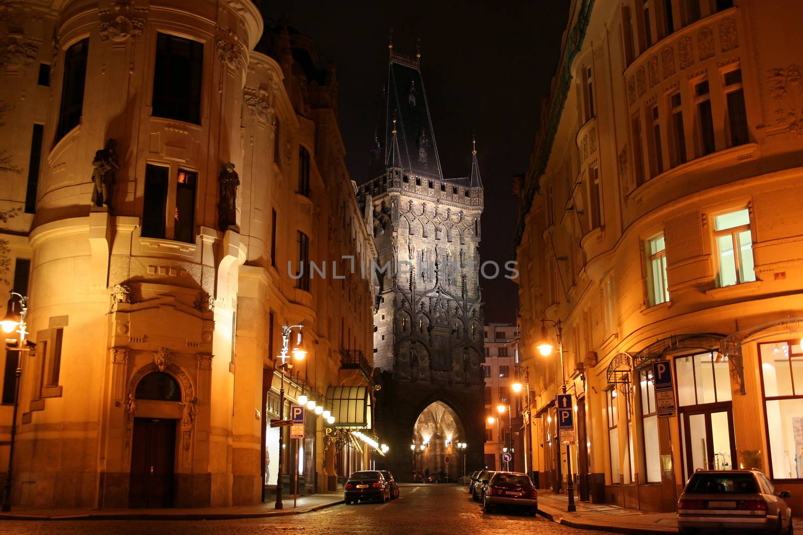 Powder tower in the city of Prague in evening lighting