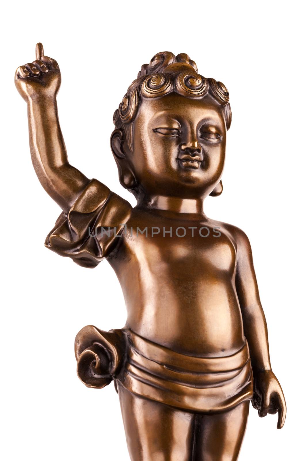 Young prince Siddhartha Gautama. The figure made of metal isolated on a white background.