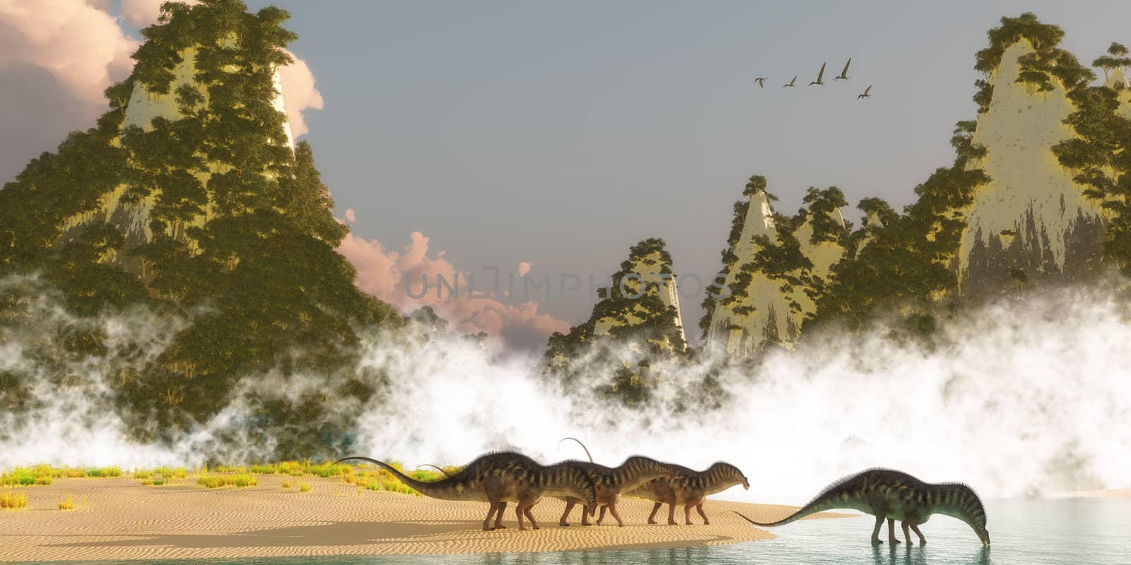 A herd of Amargasaurus dinosaurs come down to a lake to drink in the morning as a flock of Zhenyuanopterus Pterosaur reptiles fly over nearby mountains.