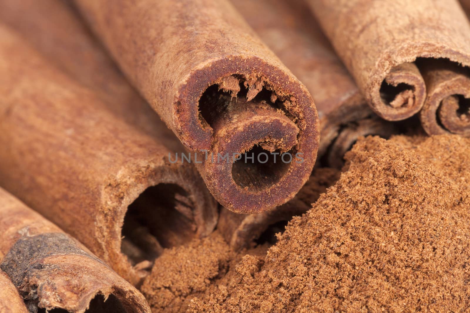 Cinnamon sticks and powder isolated on white background, close up.