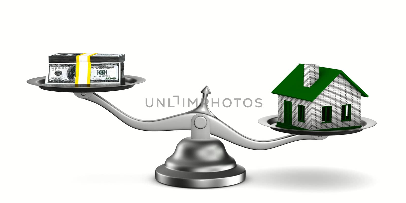 House and money on scales. Isolated 3D image