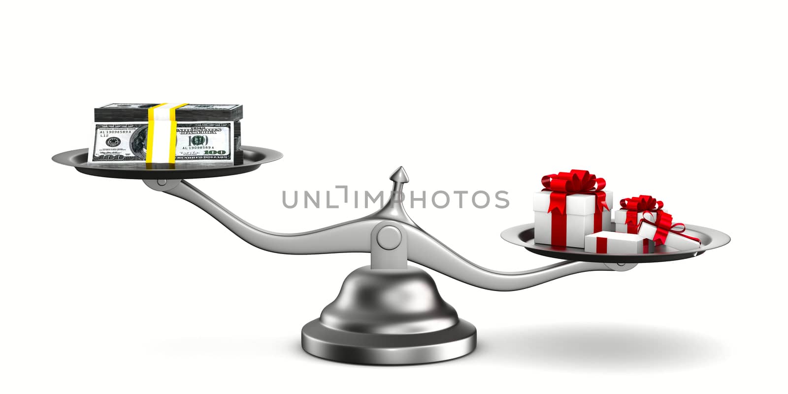 Gift box and cash on scale. Isolated 3D image