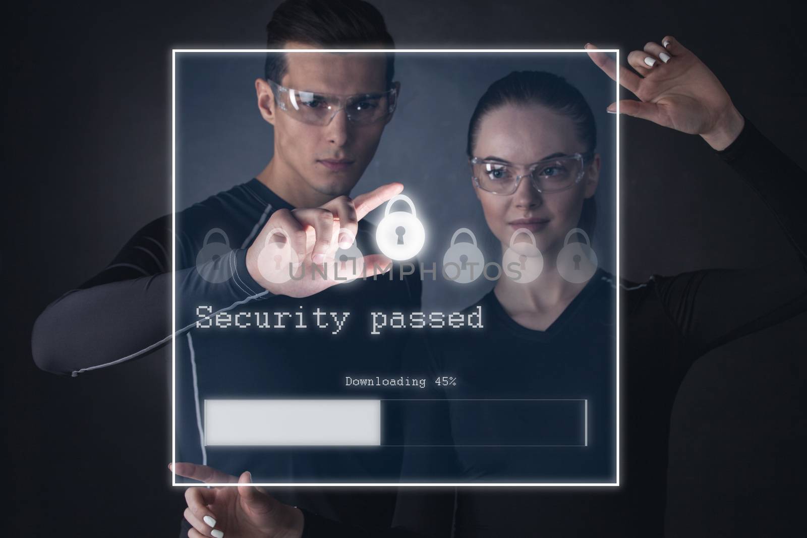 Technology, Internet and network futuristic security concept. Man and woman using virtual touchscreen with security lock