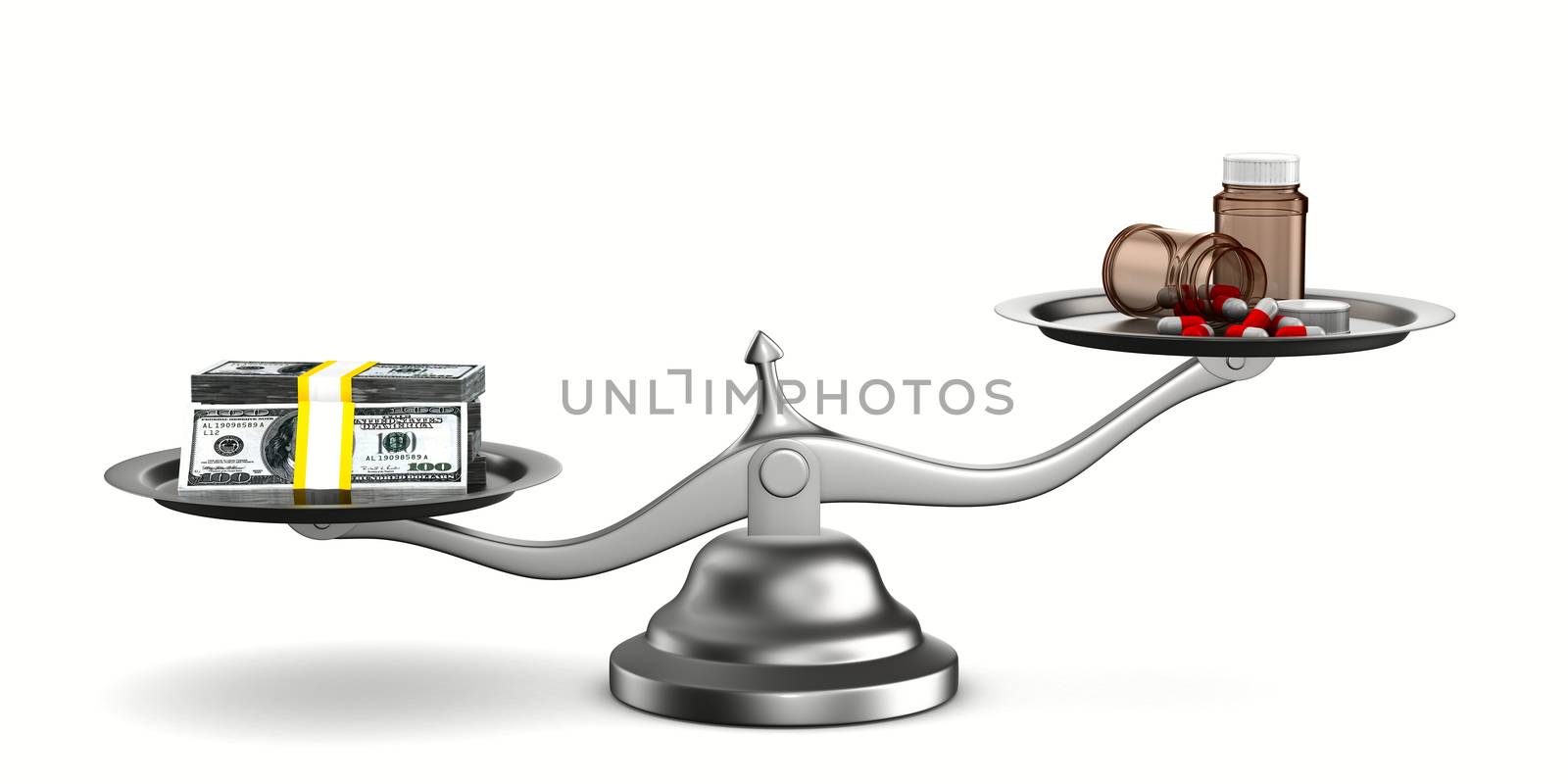 Medicines and money on scales. Isolated 3D image