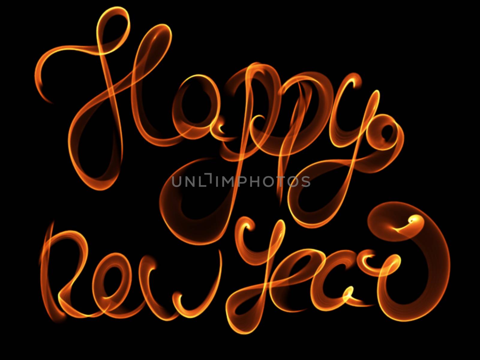 Happy new year isolated words lettering written with fire flame or smoke on black background by skrotov
