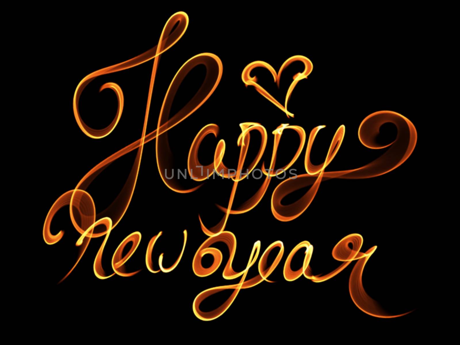 Happy new year isolated words lettering written with fire flame or smoke on black background.