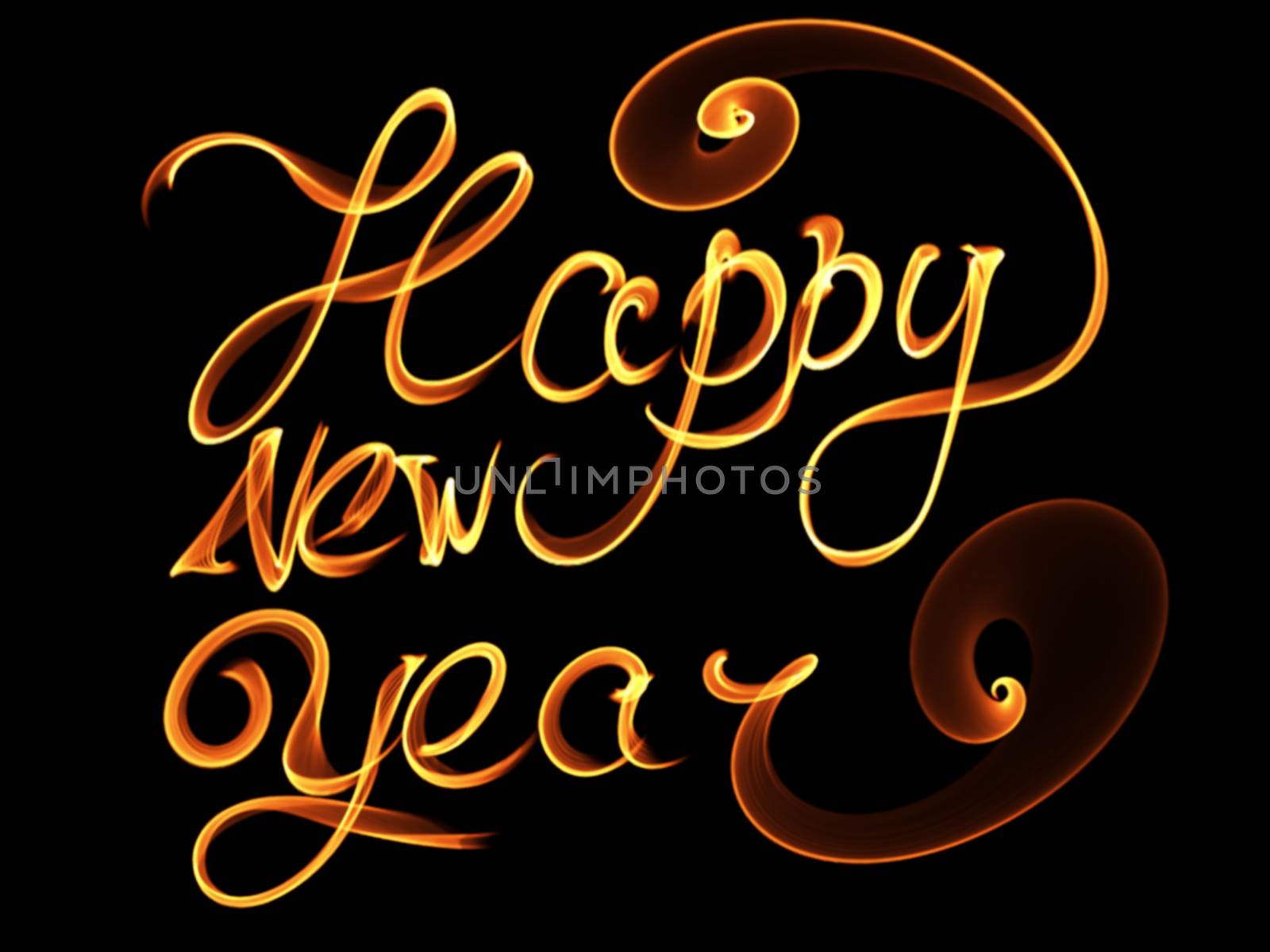 Happy new year isolated words lettering written with fire flame or smoke on black background.