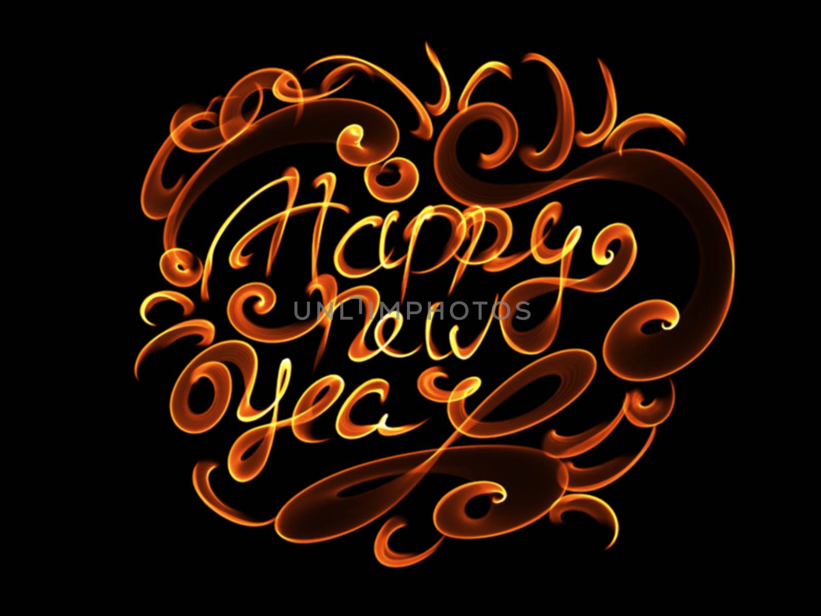 Happy new year isolated words lettering written with fire flame or smoke on black background by skrotov