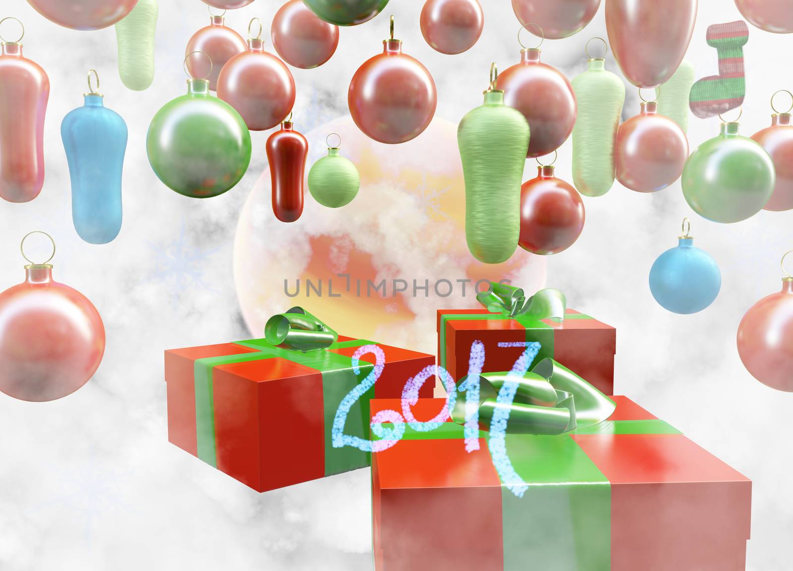 Christmas New Year colorful red and green gift boxes with bows of ribbons on background of colorful balls decorations . Greeting card with holiday tinsel. 3d illustration by skrotov