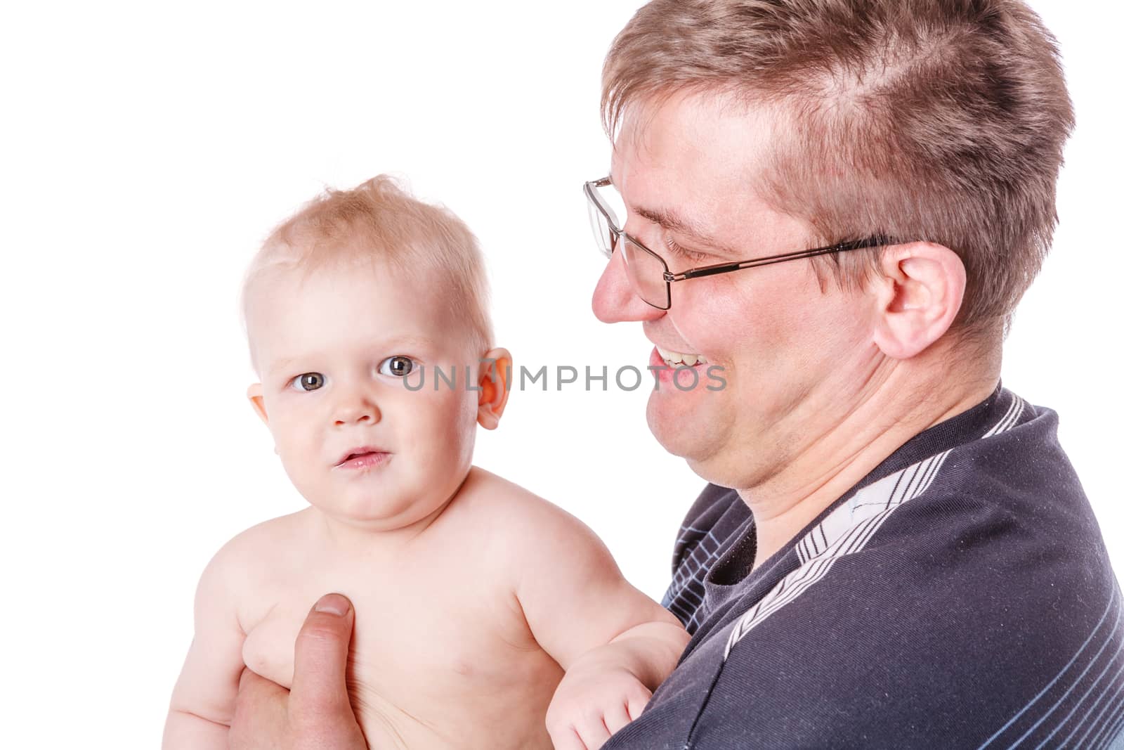 Father with baby girl posing isolated on white