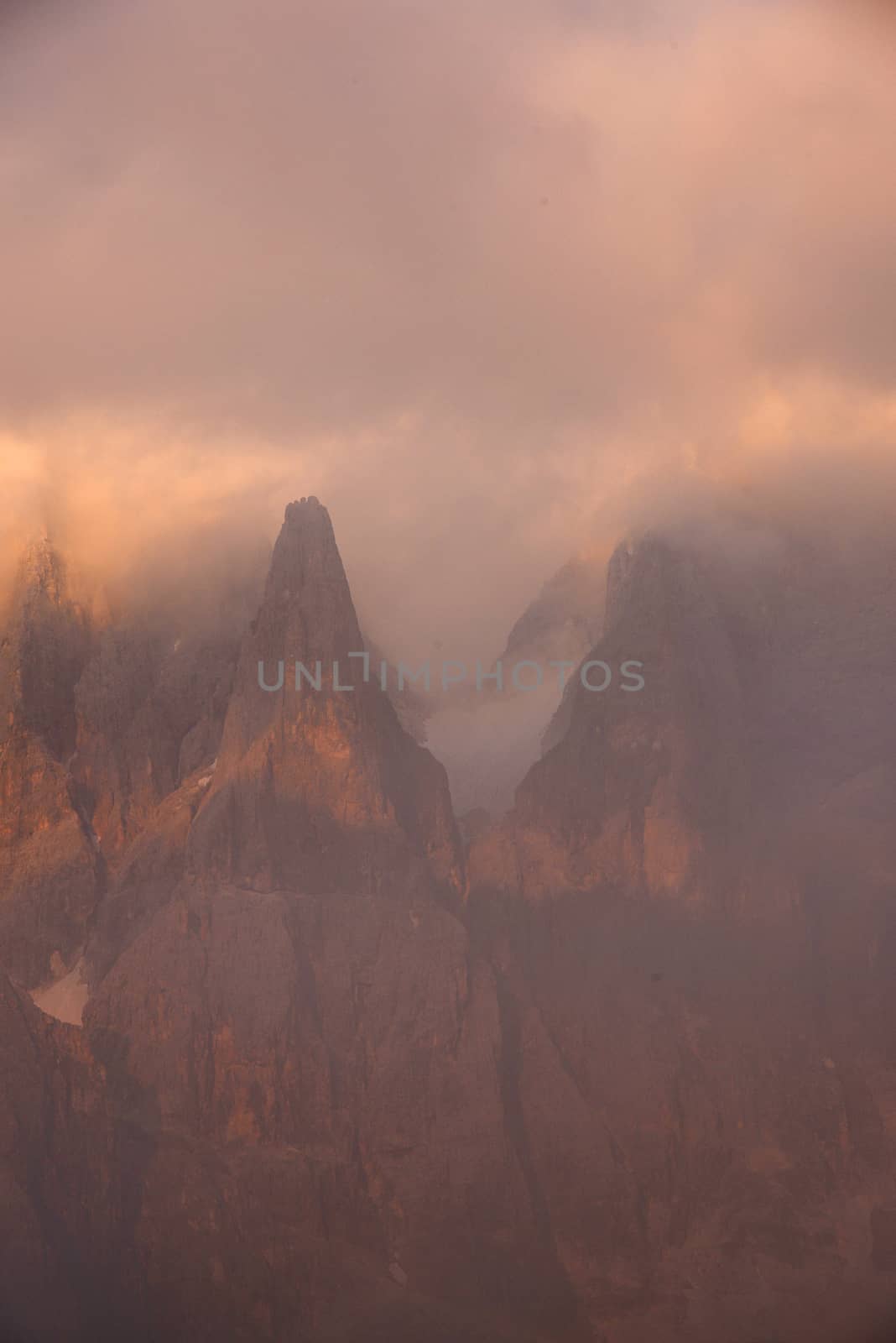 mountain peaks at passo rolle in italy