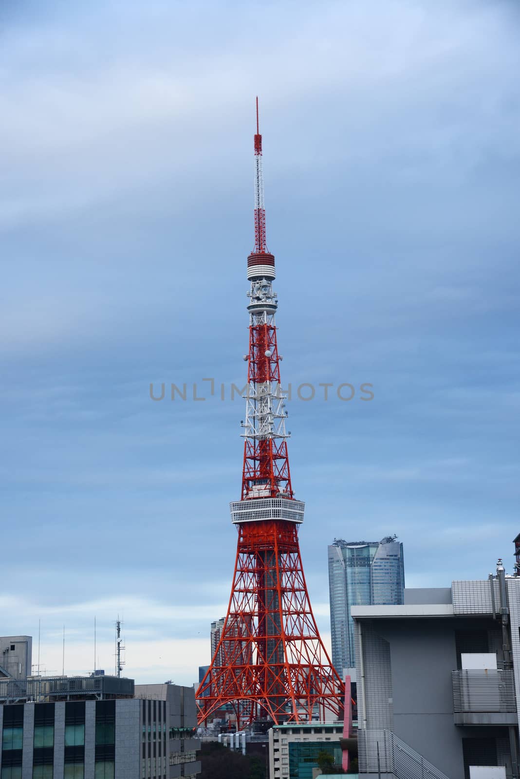 tokyo tower with cloudy sky