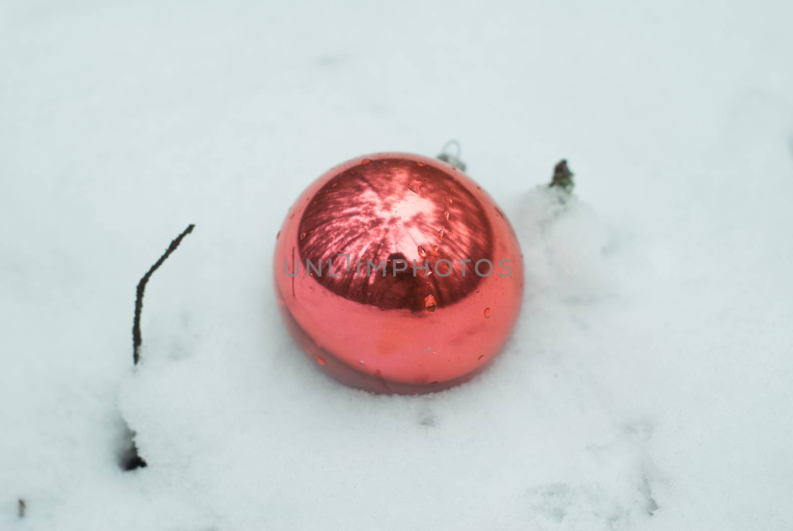 Red Christmas ball on a snowy field, a toy in the snow in the forest