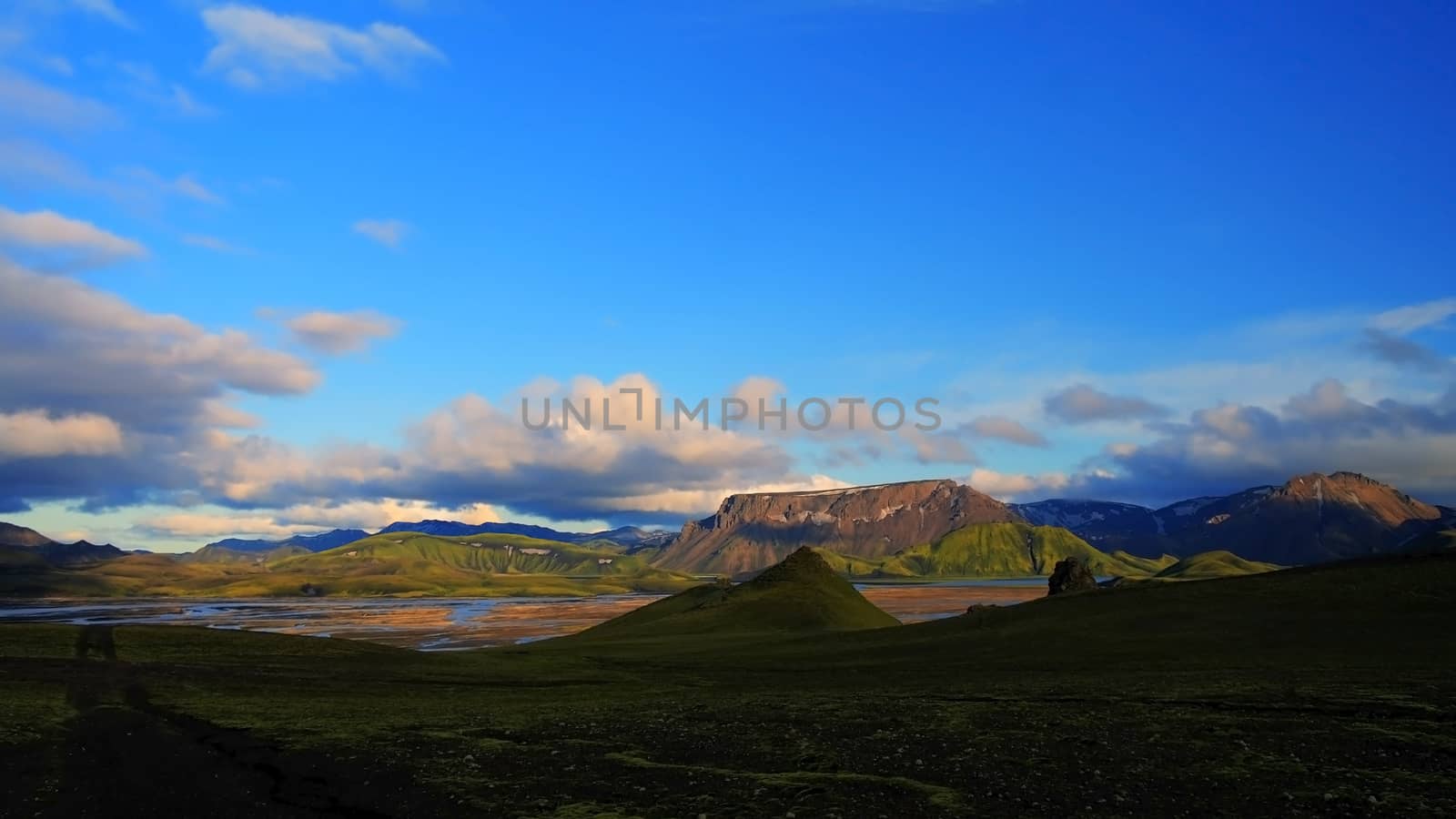 Landmannalaugar, Iceland, sunset, hills and small river by homocosmicos