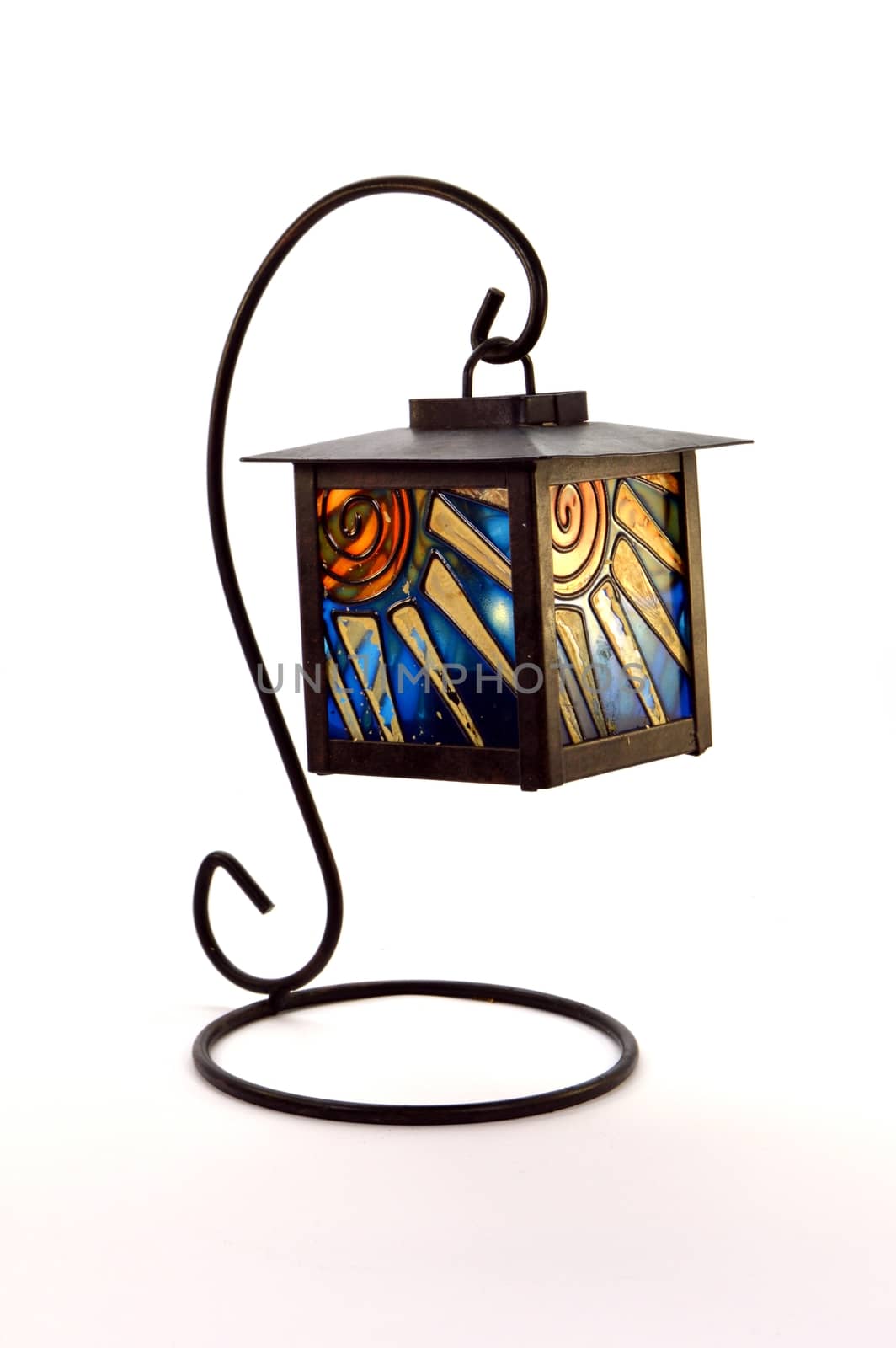 Small pedestal lantern with old stained glass