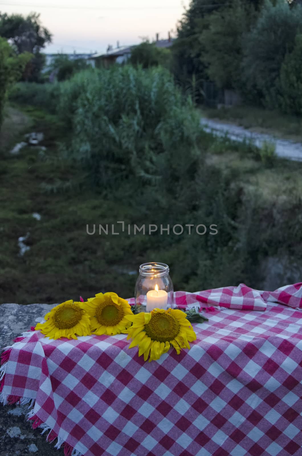Frugal atmosphere with glass jar and sunflowers
