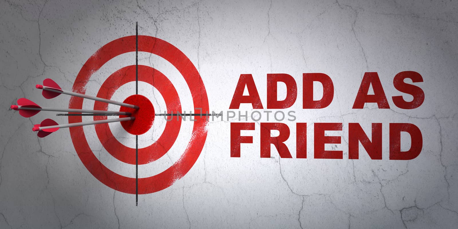 Success social network concept: arrows hitting the center of target, Red Add as Friend on wall background, 3D rendering