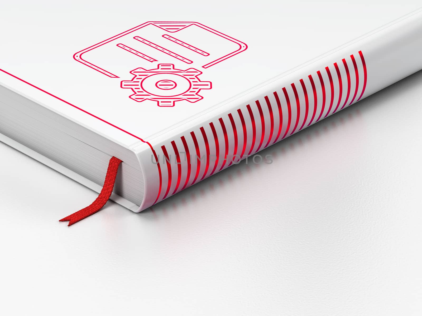 Software concept: closed book with Red Gear icon on floor, white background, 3D rendering