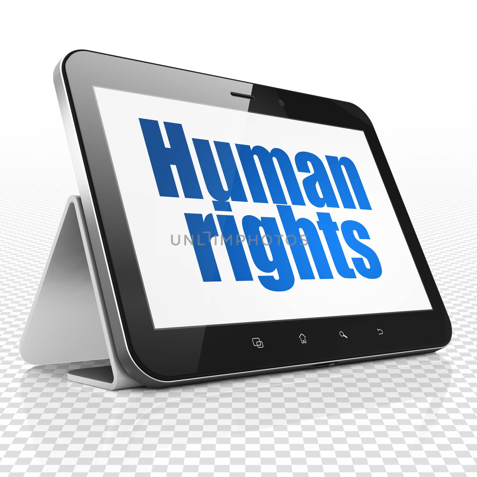 Political concept: Tablet Computer with blue text Human Rights on display, 3D rendering