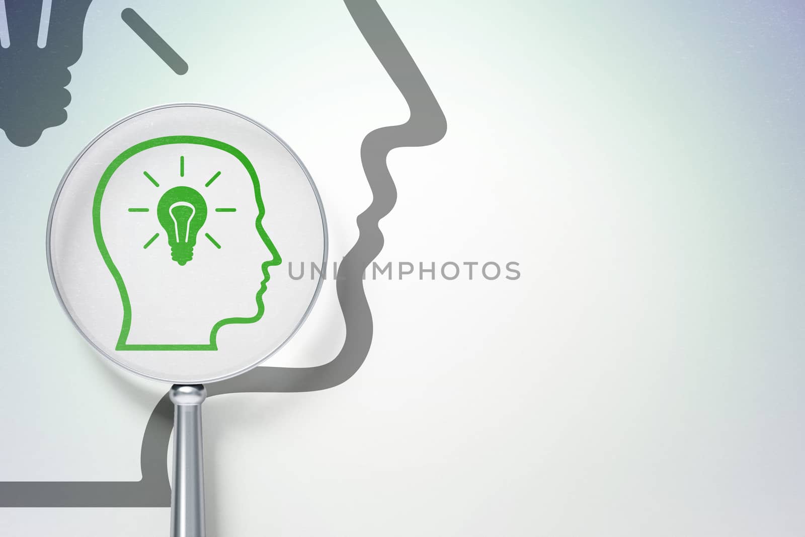 Learning concept: magnifying optical glass with Head With Lightbulb icon on digital background, empty copyspace for card, text, advertising, 3D rendering
