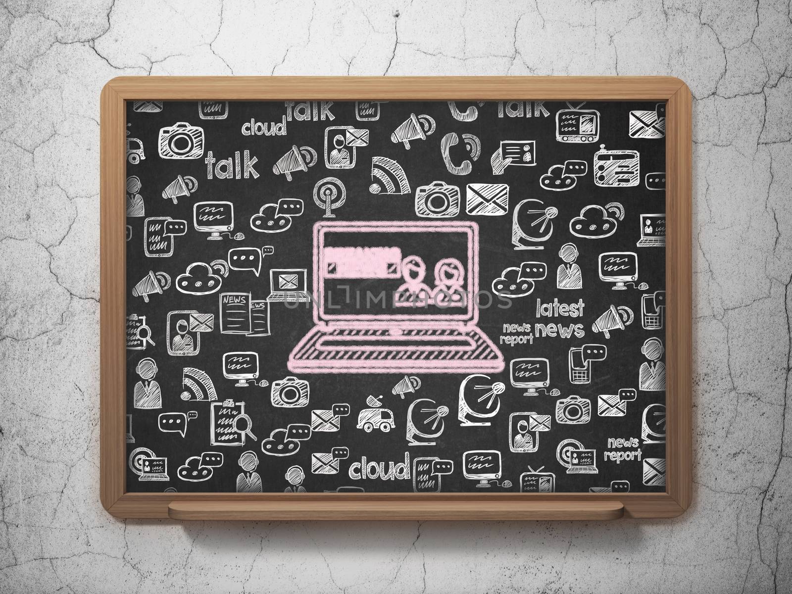 News concept: Chalk Pink Breaking News On Laptop icon on School board background with  Hand Drawn News Icons, 3D Rendering