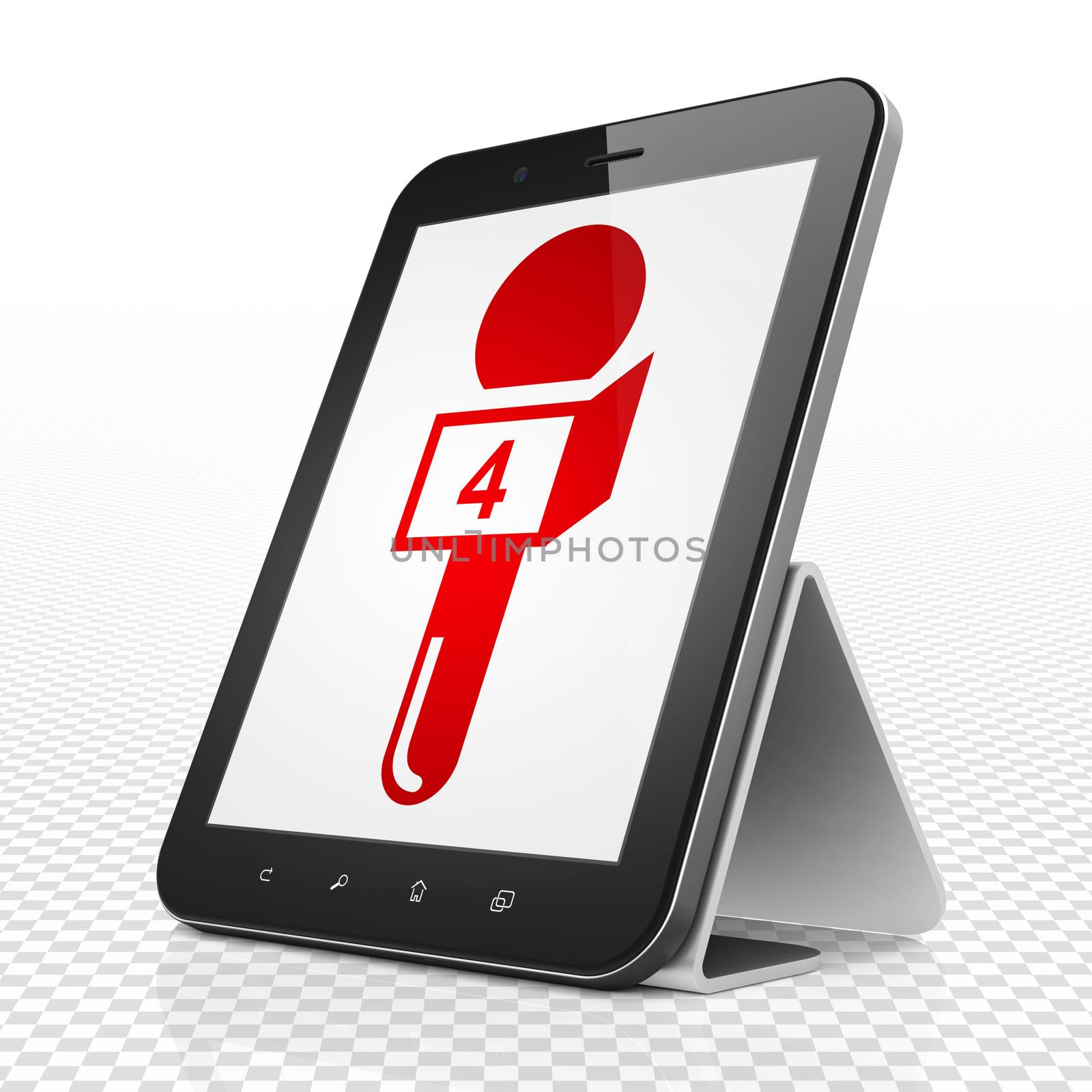 News concept: Tablet Computer with red Microphone icon on display, 3D rendering