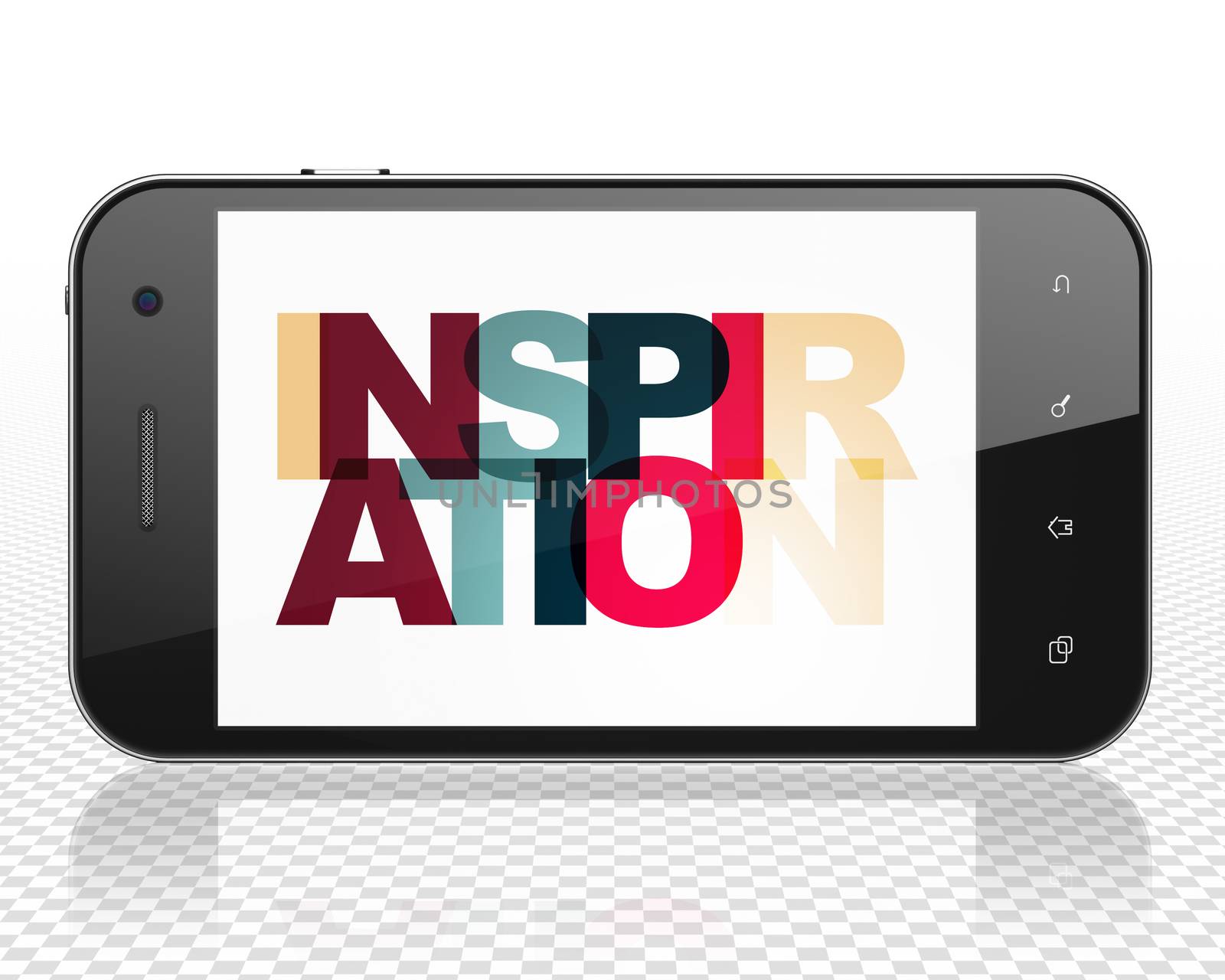 Advertising concept: Smartphone with Painted multicolor text Inspiration on display, 3D rendering