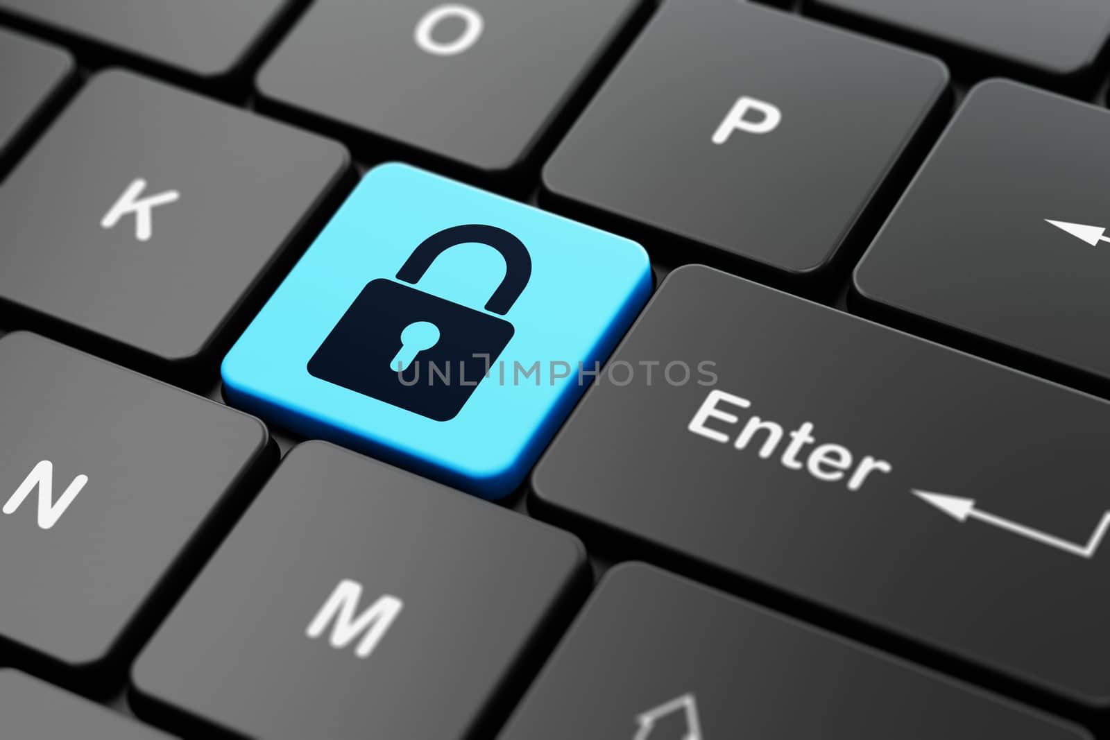Security concept: computer keyboard with Closed Padlock icon on enter button background, 3D rendering
