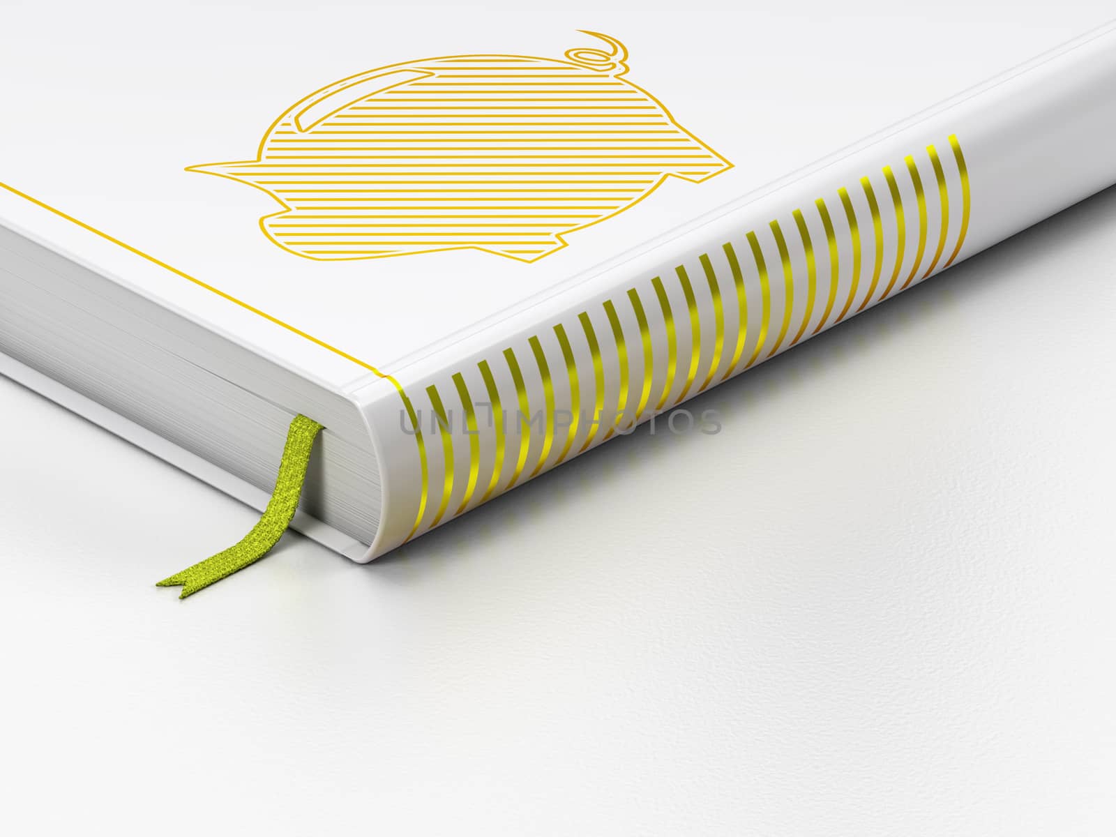 Banking concept: closed book with Gold Money Box icon on floor, white background, 3D rendering