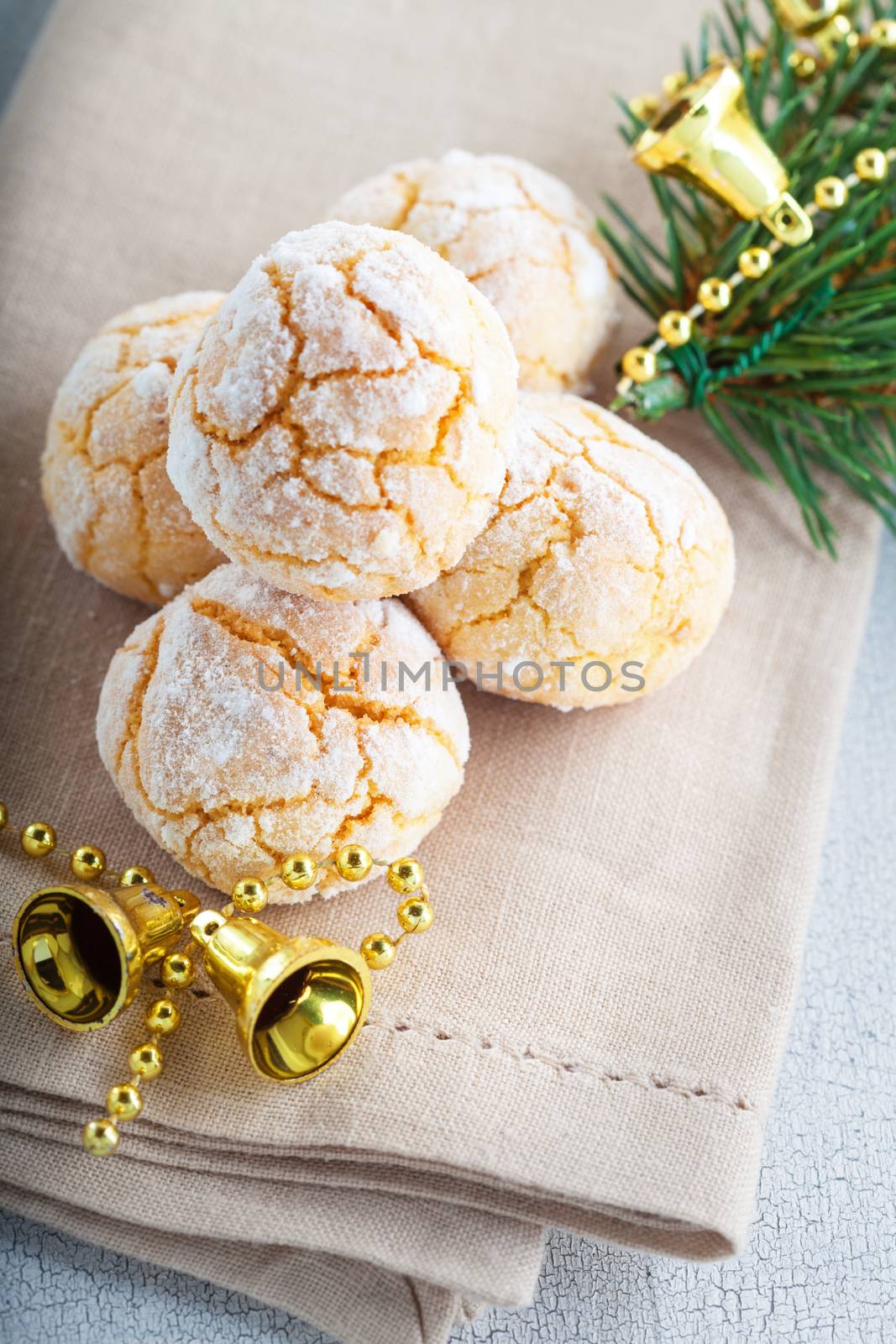 Macaroon cookies snowy peaks with Christmas symbols