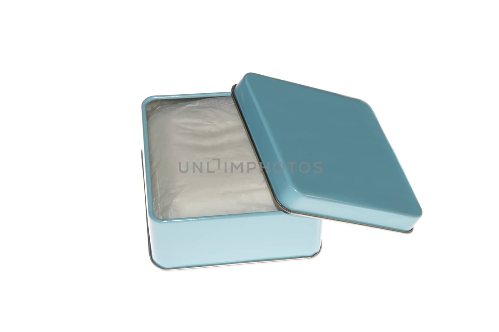 blue metal box with soap isolated over white background