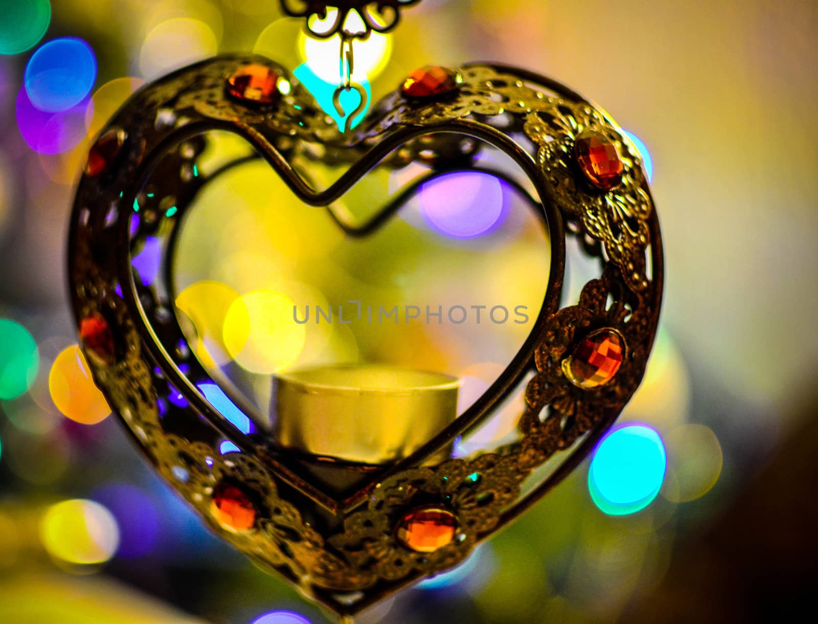 Iron heart with New Year lights, horizontal photo