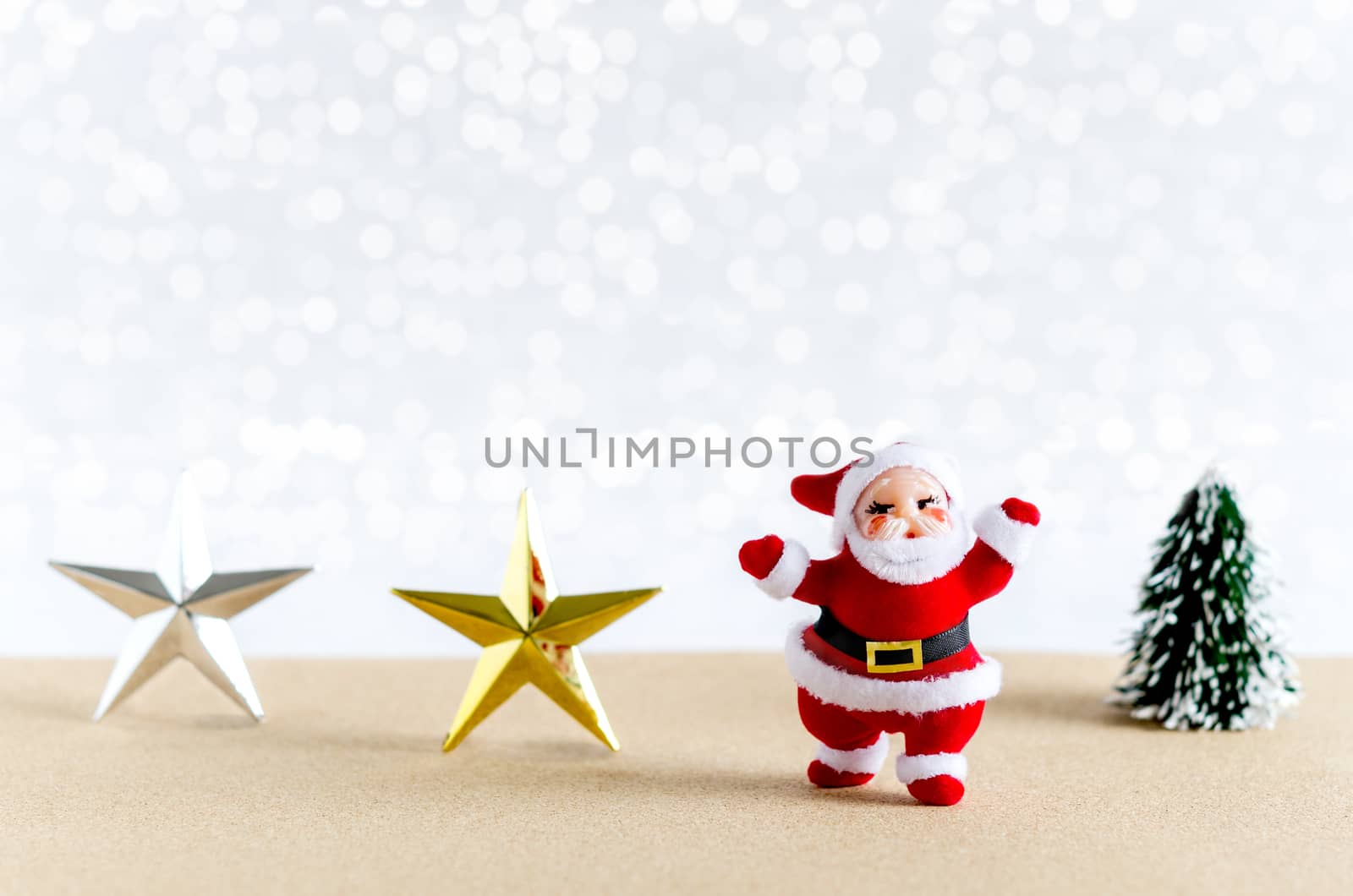 Christmas background. Santa Claus, star, christmas tree with lights snow winter background. 