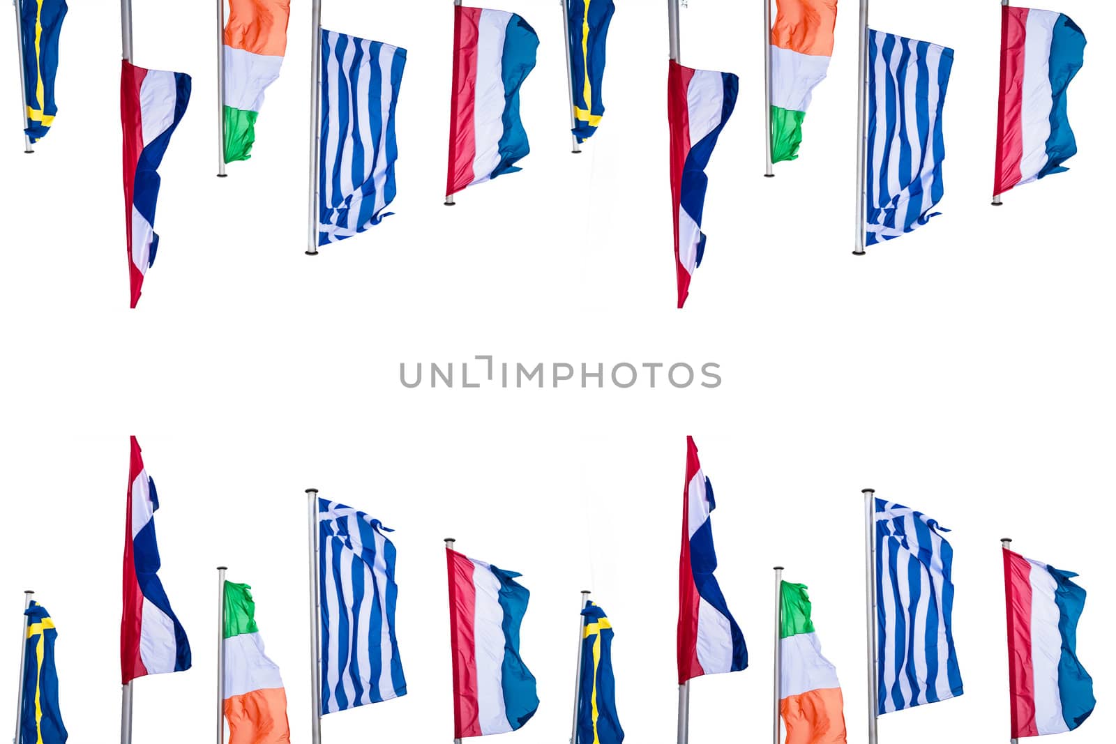 Several Europe countries flags arranged in front of a white background.