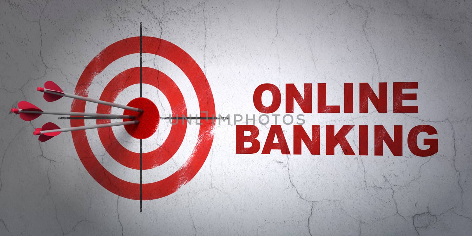 Success currency concept: arrows hitting the center of target, Red Online Banking on wall background, 3D rendering