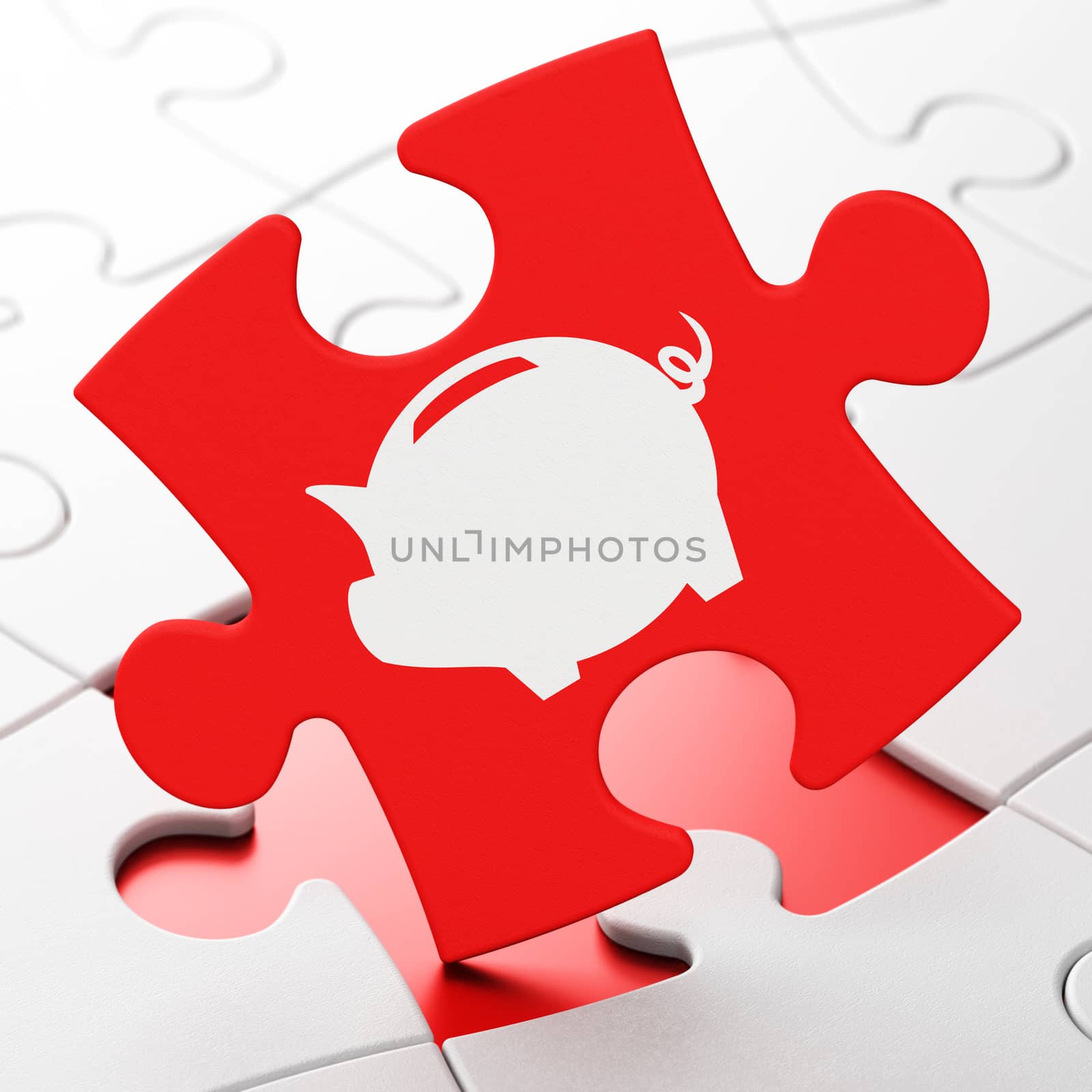 Currency concept: Money Box on Red puzzle pieces background, 3D rendering