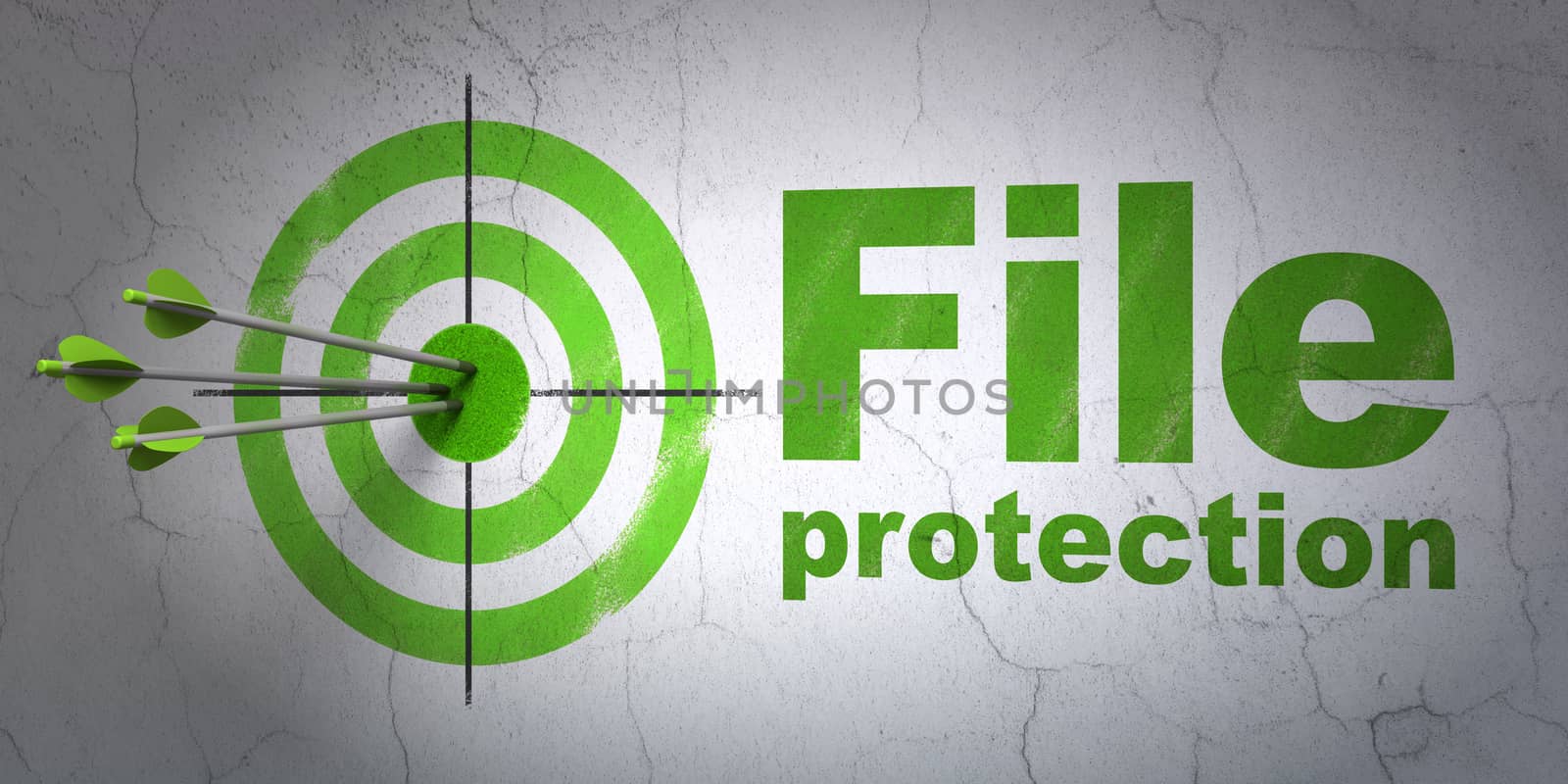 Success protection concept: arrows hitting the center of target, Green File Protection on wall background, 3D rendering