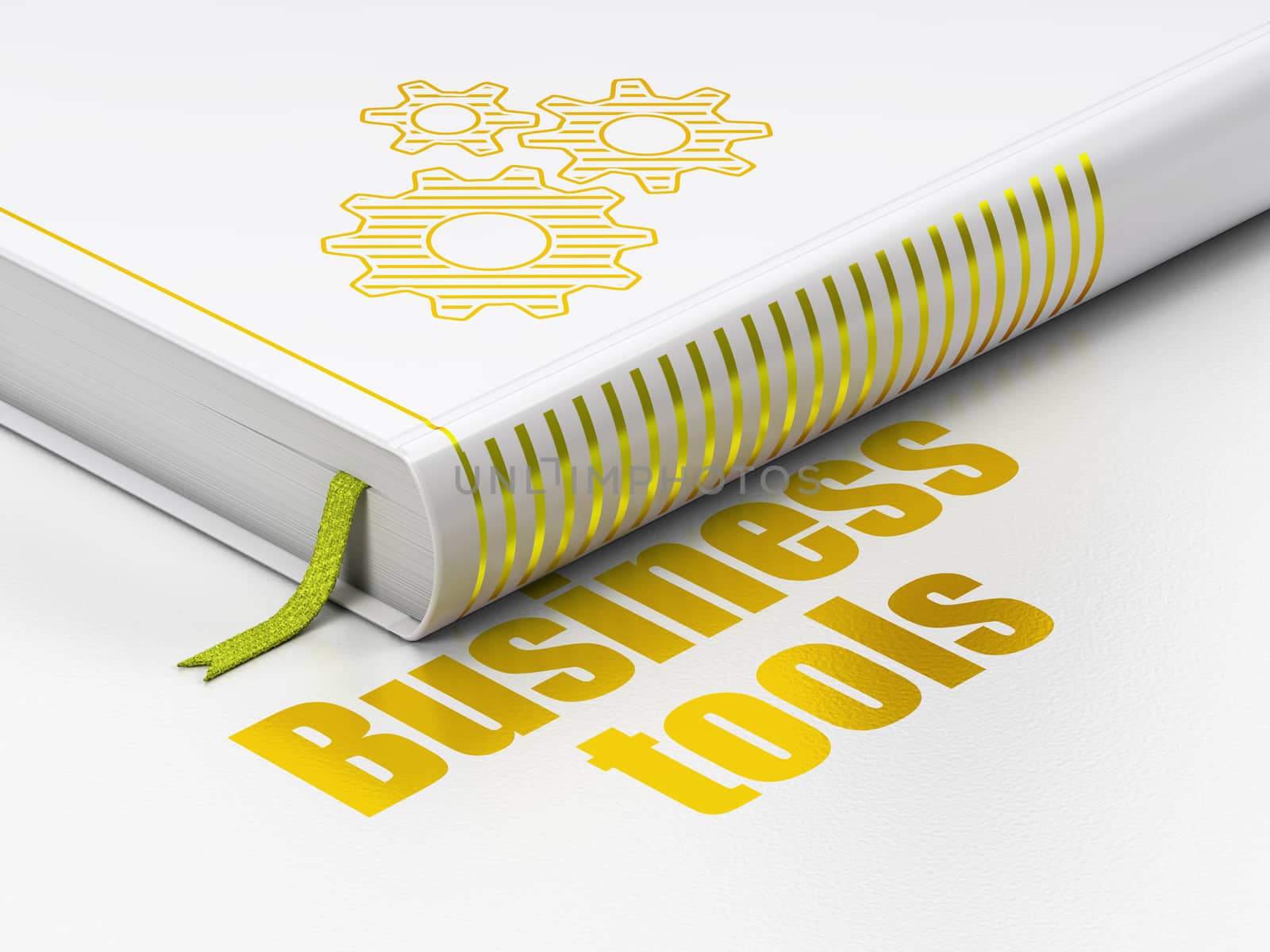 Business concept: closed book with Gold Gears icon and text Business Tools on floor, white background, 3D rendering