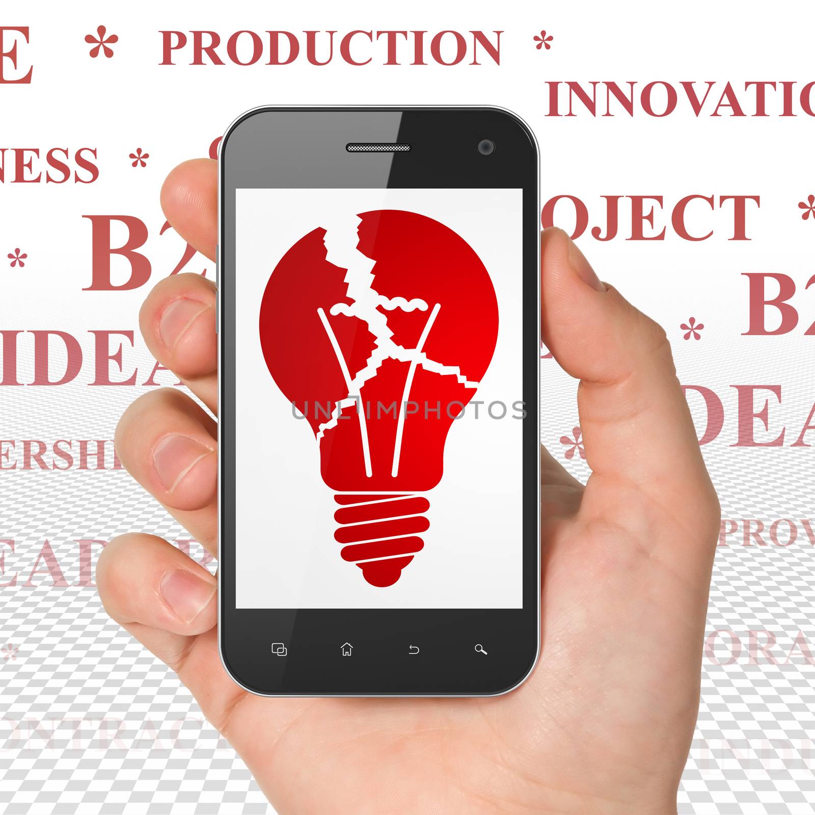 Finance concept: Hand Holding Smartphone with  red Light Bulb icon on display,  Tag Cloud background, 3D rendering