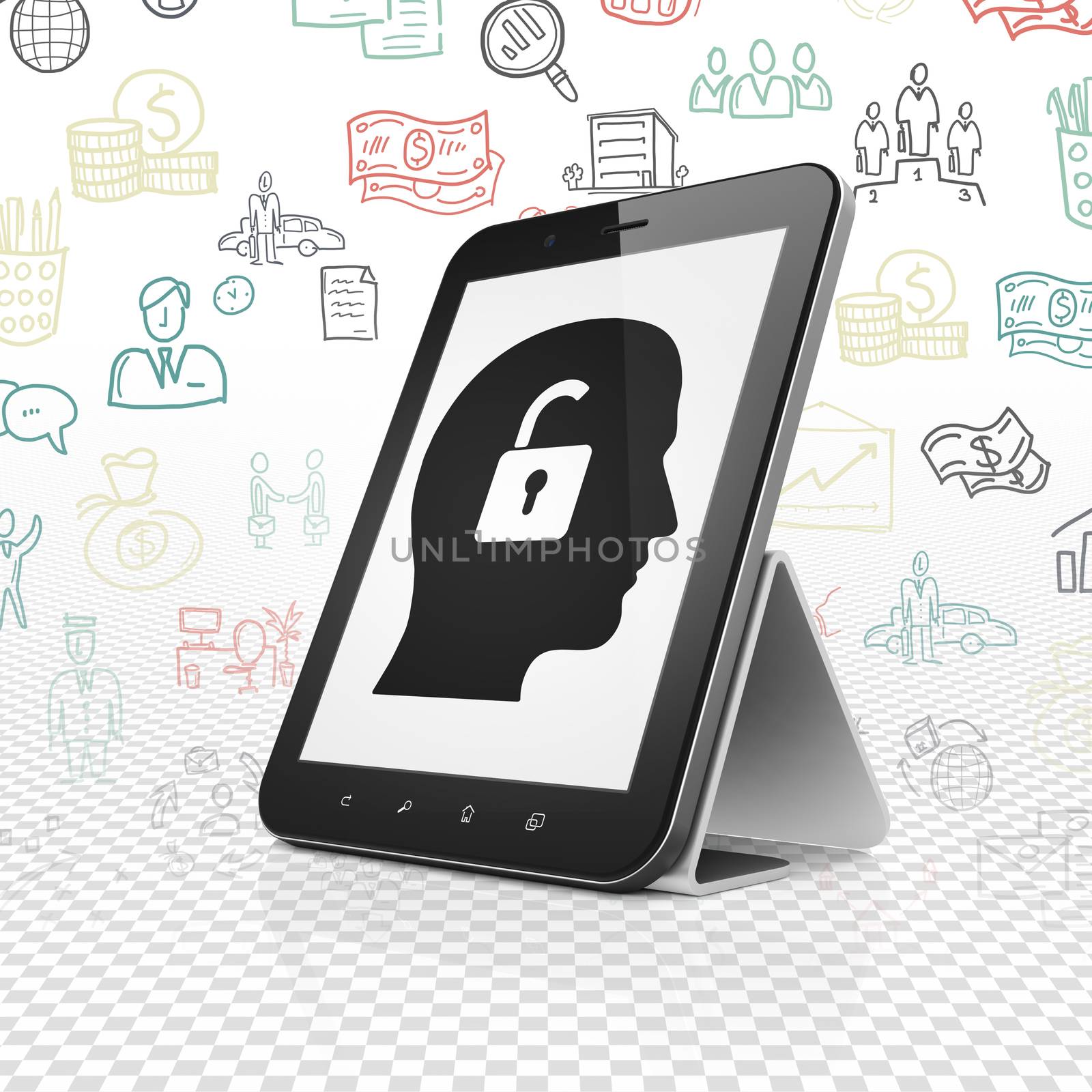 Finance concept: Tablet Computer with  black Head With Padlock icon on display,  Hand Drawn Business Icons background, 3D rendering