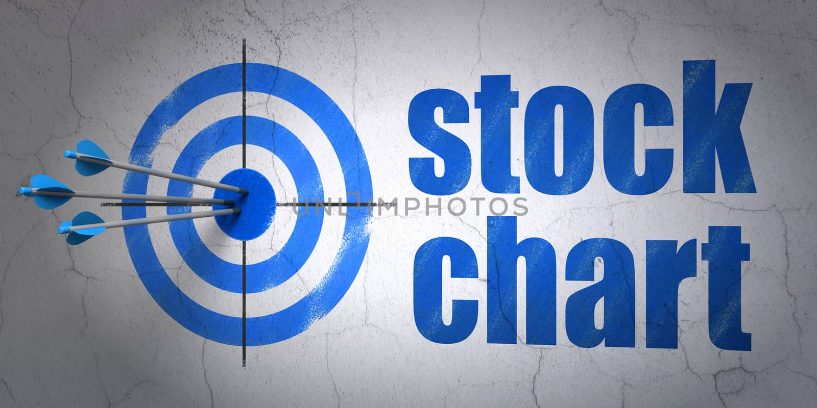 Success business concept: arrows hitting the center of target, Blue Stock Chart on wall background, 3D rendering