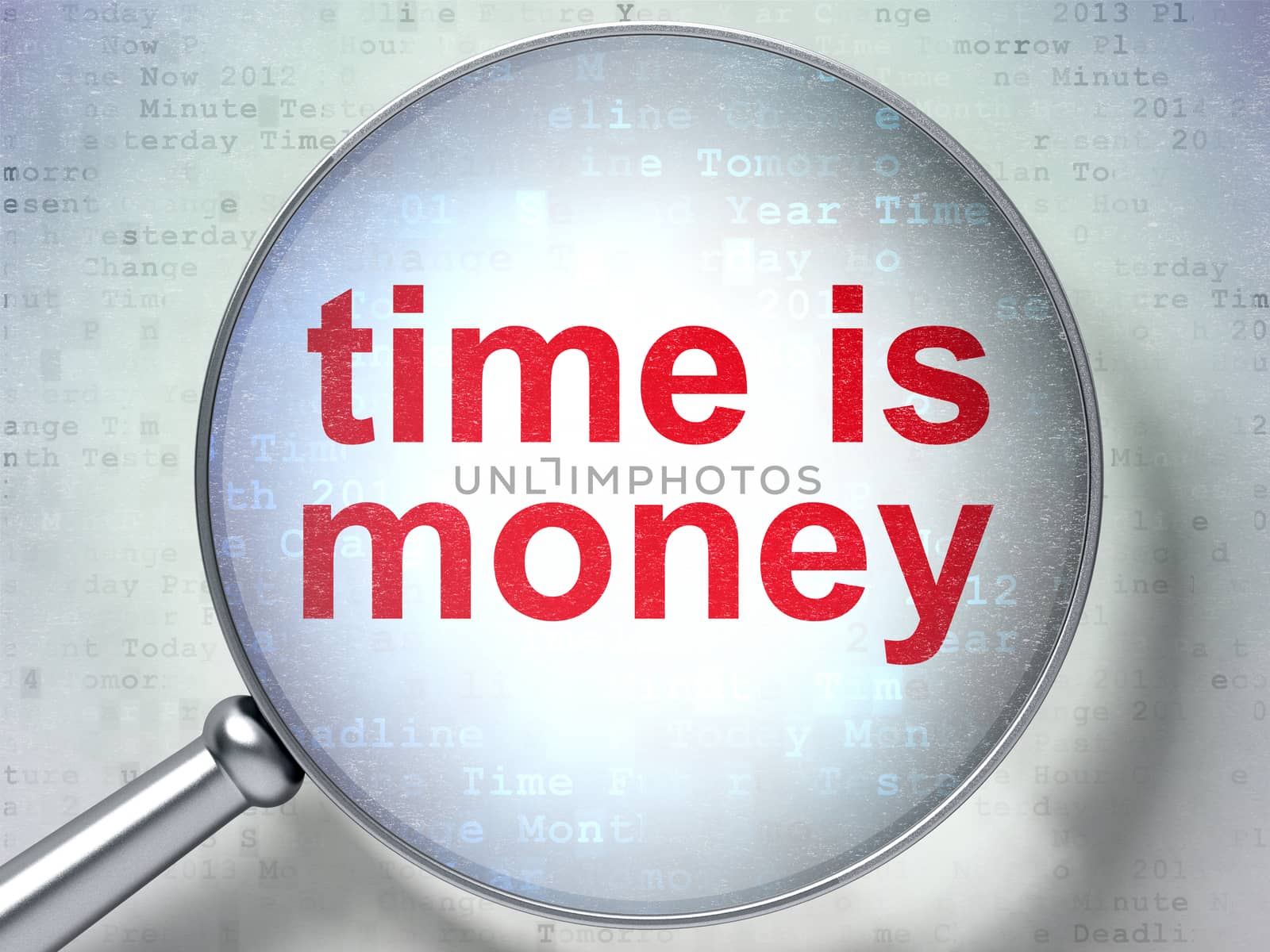 Time concept: magnifying optical glass with words Time is Money on digital background, 3D rendering