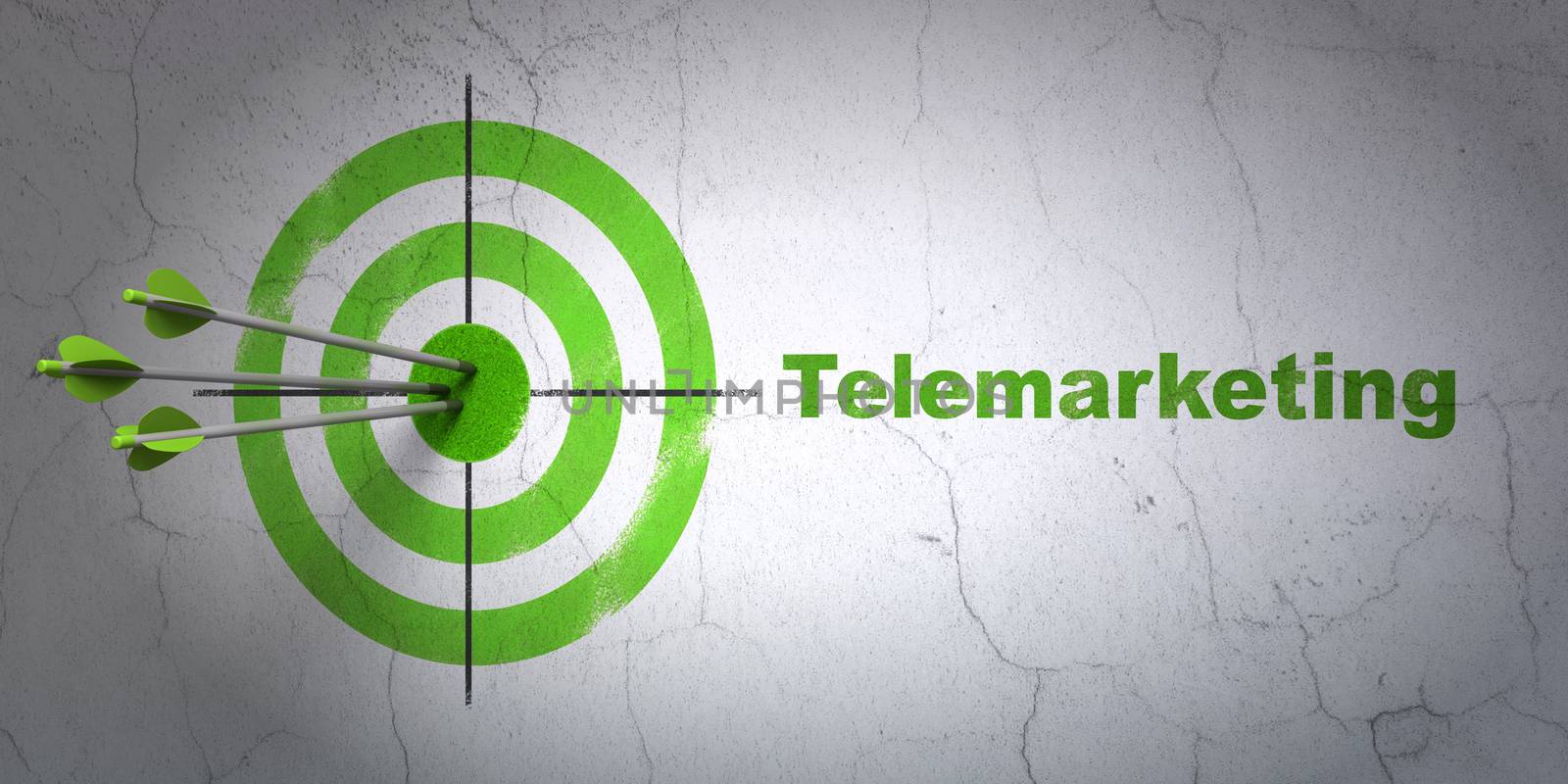 Success advertising concept: arrows hitting the center of target, Green Telemarketing on wall background, 3D rendering