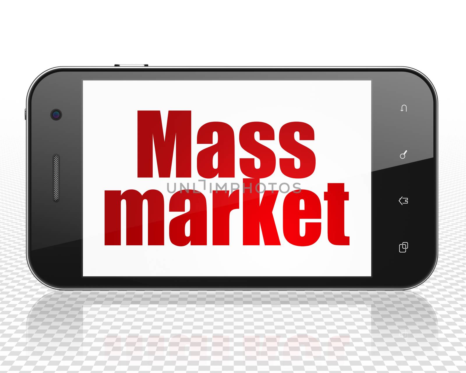 Advertising concept: Smartphone with red text Mass Market on display, 3D rendering