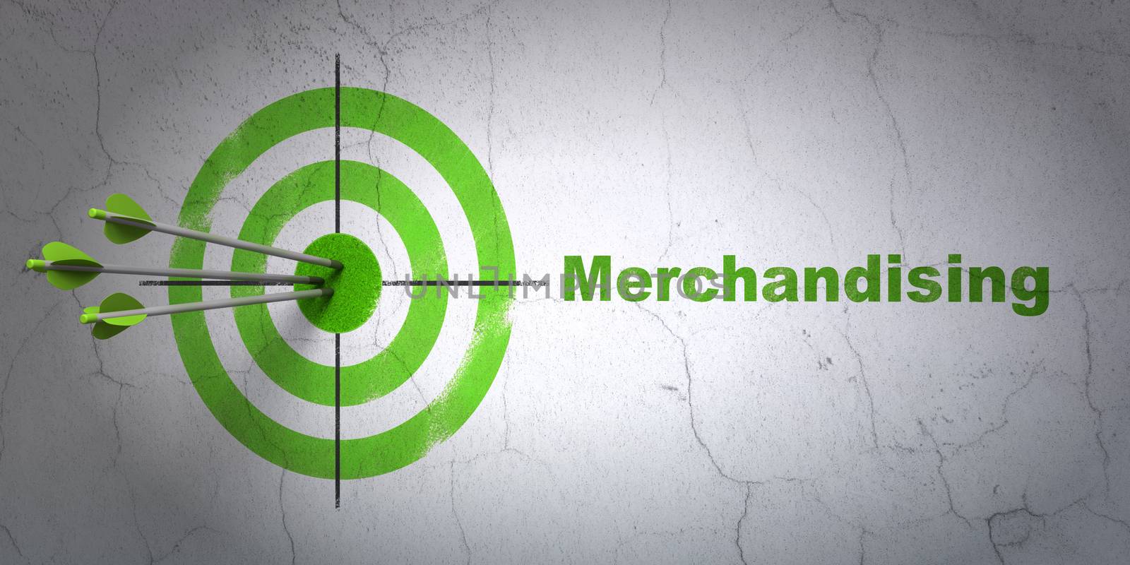 Success marketing concept: arrows hitting the center of target, Green Merchandising on wall background, 3D rendering