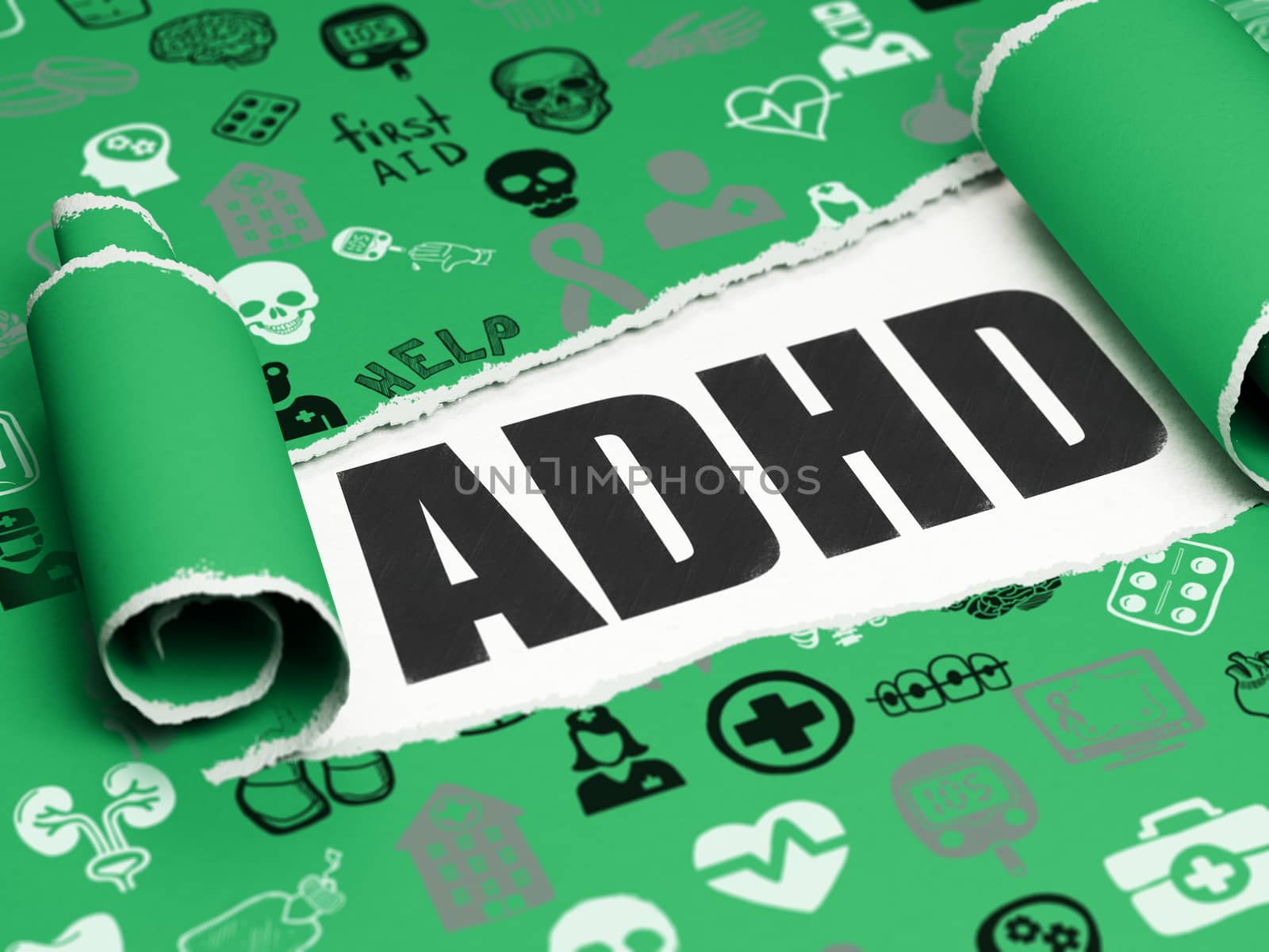 Healthcare concept: black text ADHD under the curled piece of Green torn paper with  Hand Drawn Medicine Icons, 3D rendering