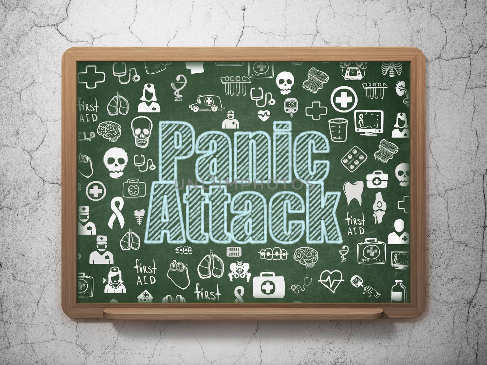 Medicine concept: Chalk Blue text Panic Attack on School board background with  Hand Drawn Medicine Icons, 3D Rendering