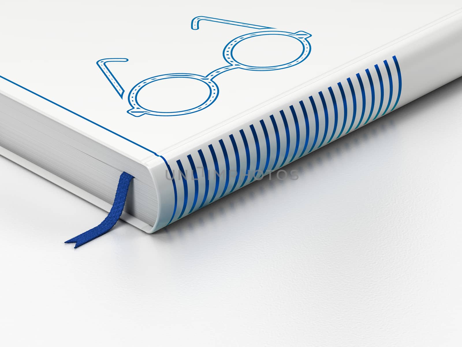 Science concept: closed book with Blue Glasses icon on floor, white background, 3D rendering