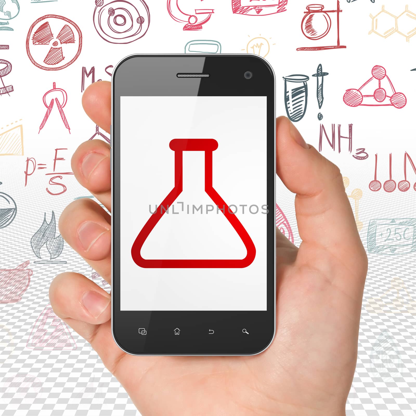 Science concept: Hand Holding Smartphone with  red Flask icon on display,  Hand Drawn Science Icons background, 3D rendering